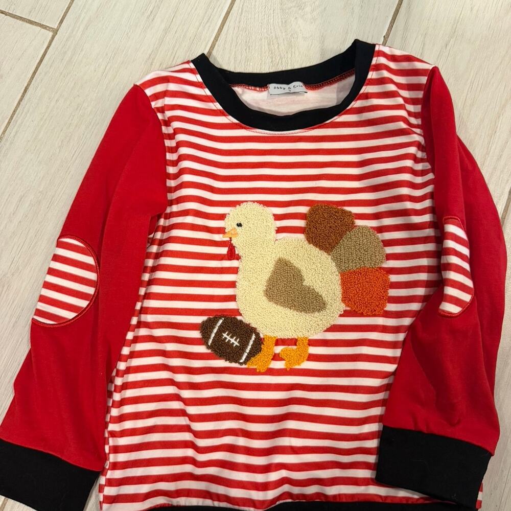 Abby & Evie Thanksgiving Turkey Applique Top Girls Size 5 Red Stripe Long Sleeve